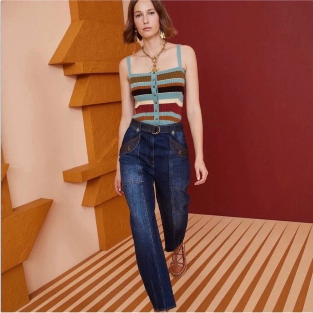 Ulla Johnson Waverly Jeans Size 6 Cotton Belted Dark Wash Blue Embroidered - Picture 4 of 14